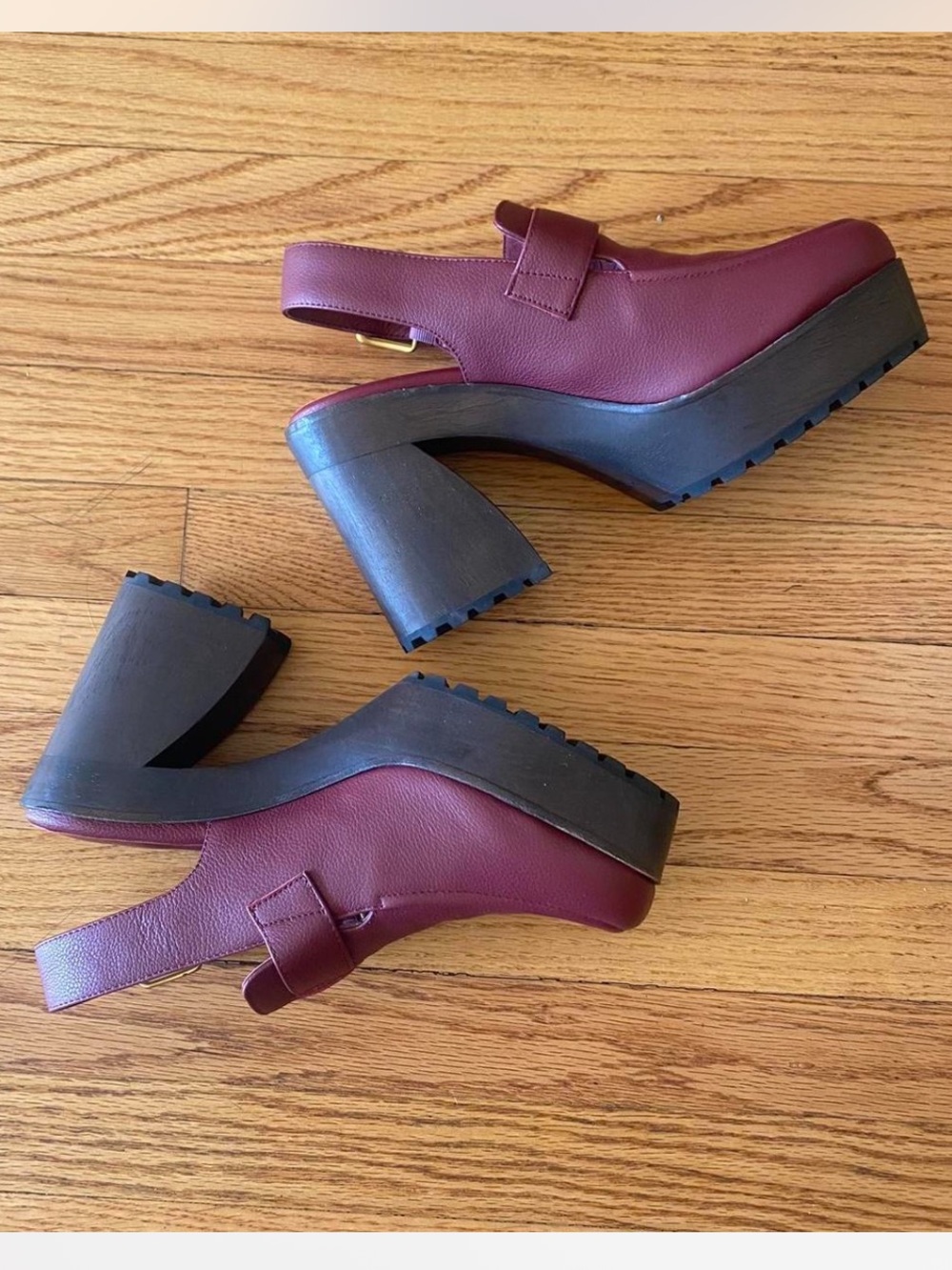 Charlotte Stone Burgundy Platform Mule Heels with Gold Buckles - Picture 2 of 5